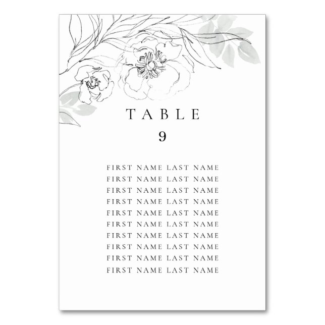 Botanical Floral Sketch Table Number w/ Names (Front)