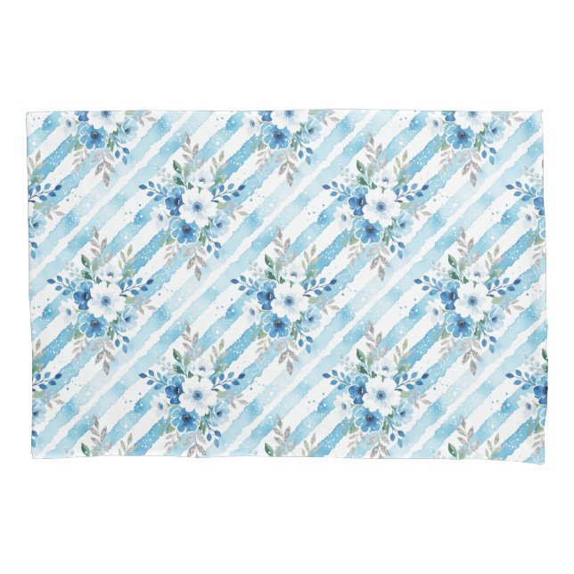Botanical Floral Stripe Blue White Watercolor Pillowcase (Front-Left)