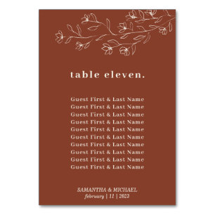 Botanical Floral Terracotta guests names seating Table Number