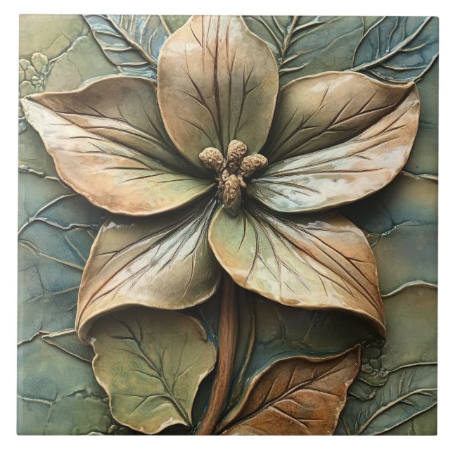 Botanical Floral Trillium Faux Relief  Ceramic Tile (Front)