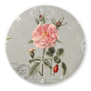 Botanical Floral Vintage French Blush Pink Roses Ceramic Knob
