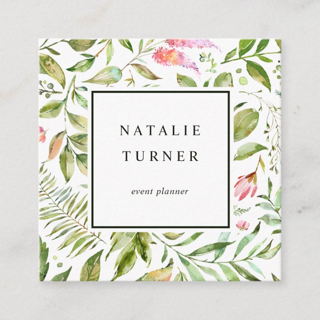 Botanical Floral Watercolor Square Business Card (Front)
