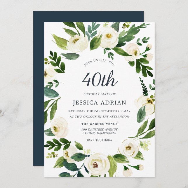 Botanical Floral Wreath 40th Birthday Party Invite (Front/Back)