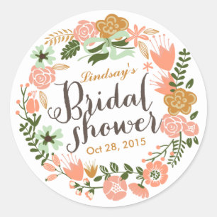 Botanical Floral Wreath Personalised Bridal Shower Classic Round Sticker
