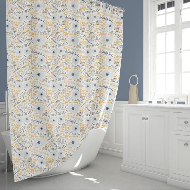 Botanical Floral Yellow Pattern Shower Curtain (Sweet Blue Gray Yellow Botanical Floral Pattern Shower Curtain from Studio Posies.)
