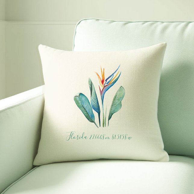 Botanical Florida Room Decor Ideas Cushion (Florida room decor ideas hand painted watercolor bird of paradise throw pillow Victoria Grigaliunas)