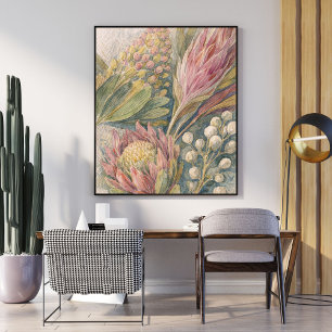 botanical flower art   protea flower illustration  poster