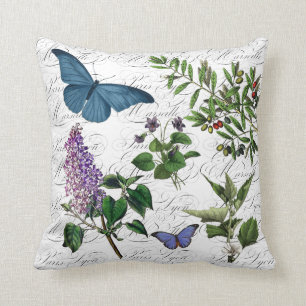 Botanical Flower Butterfly Print French Typography Cushion