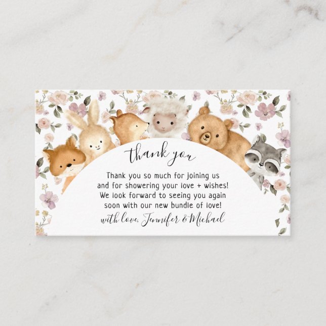 Botanical Flower Forest Baby Animals Thank You Enclosure Card (Front)