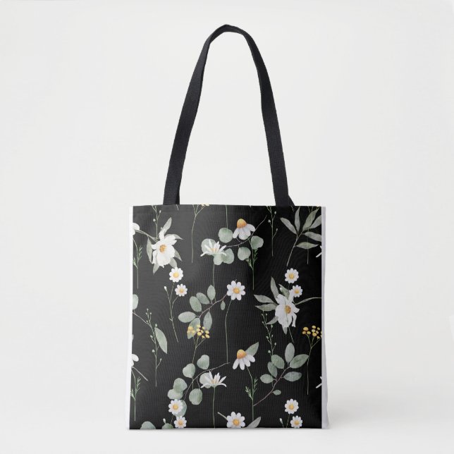 Botanical Flower Pattern Black Tote Bag (Front)