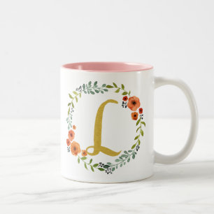 Botanical Flower Wreath Gold Monogram Initial L Two-Tone Coffee Mug