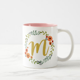 Botanical Flower Wreath Gold Monogram Initial M Two-Tone Coffee Mug