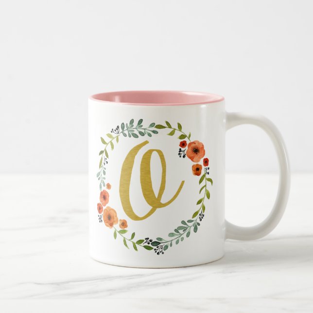 Botanical Flower Wreath Gold Monogram Initial O Two-Tone Coffee Mug (Right)