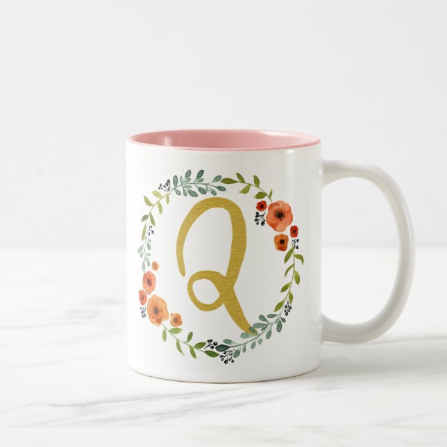 Botanical Flower Wreath Gold Monogram Initial Q Two-Tone Coffee Mug (Right)