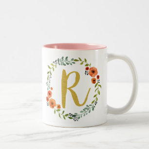Botanical Flower Wreath Gold Monogram Initial R Two-Tone Coffee Mug