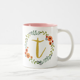 Botanical Flower Wreath Gold Monogram Initial T Two-Tone Coffee Mug