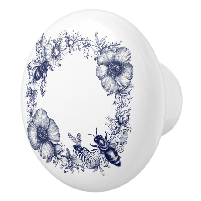 Botanical Flowers Bees Wreath Ceramic Knob (Right)