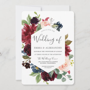 Botanical Flowers Burgundy Red Wedding Invitation