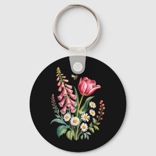 Botanical Flowers Daisies Tulip Foxglove Butterfly Key Ring
