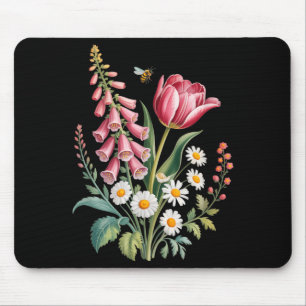 Botanical Flowers Daisies Tulip Foxglove Butterfly Mouse Pad