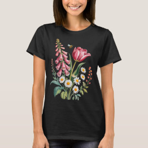 Botanical Flowers Daisies Tulip Foxglove Butterfly T-Shirt