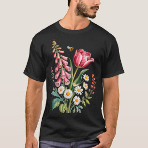 Botanical Flowers Daisies Tulip Foxglove Butterfly T-Shirt