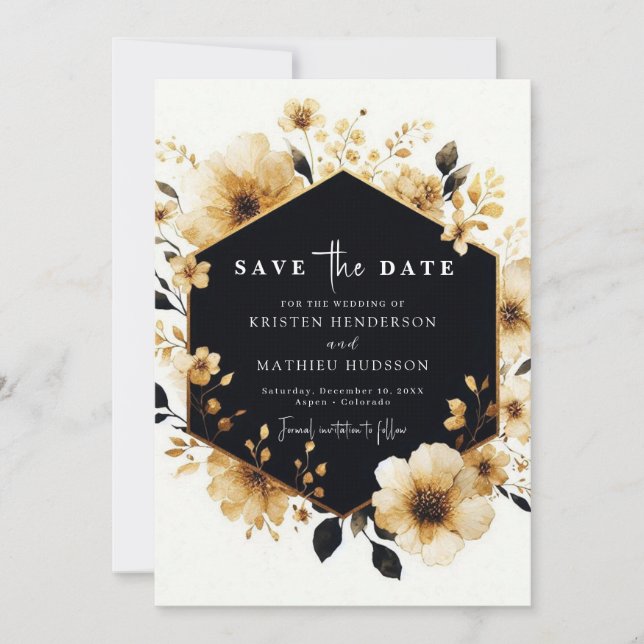 Botanical Flowers Gold and Black Wedding Save The Date (Front)