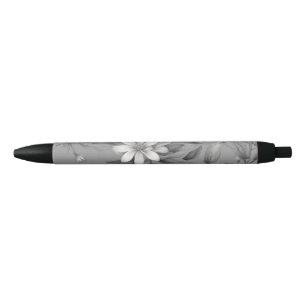 Botanical flowers on grey black ink pen