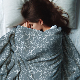 Botanical Flowers Slate Grey White Floral Pattern Fleece Blanket