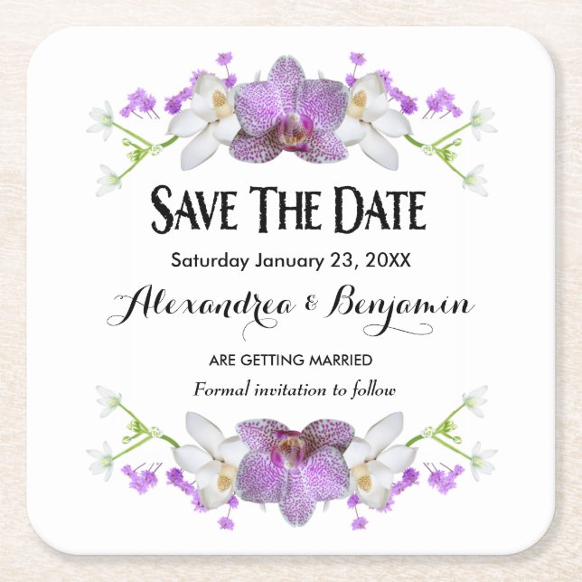 Botanical Flowers Watercolor Save The Date   Square Paper Coaster (Front)