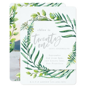 Botanical foliage 21st birthday photo invitation