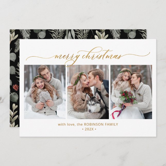 Botanical Foliage 3 Multi Photo Merry Christmas  Holiday Card (Front/Back)