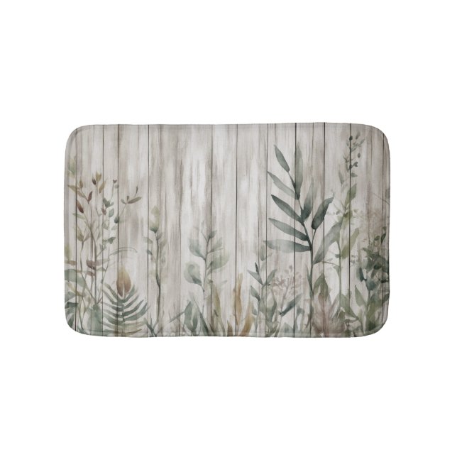 Botanical Foliage Farmhouse Barn Wood look Bath Mat (Front)