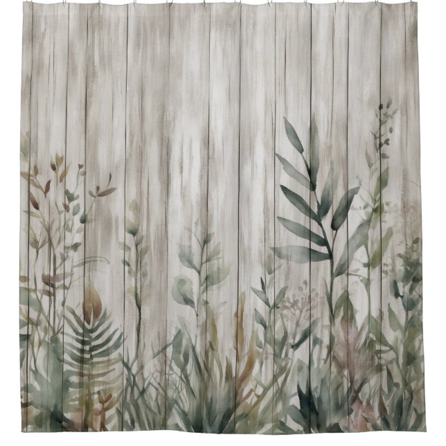 Botanical Foliage Farmhouse Barn Wood look Shower Curtain (Front)