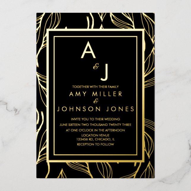 Botanical Foliage Gold Black  Wedding Pressed   (Front)