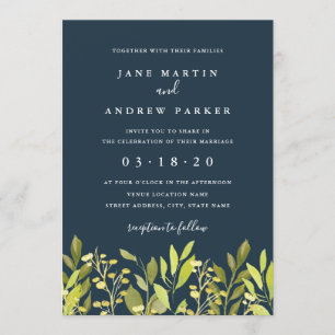 Botanical Foliage Green Navy Wedding Invitation