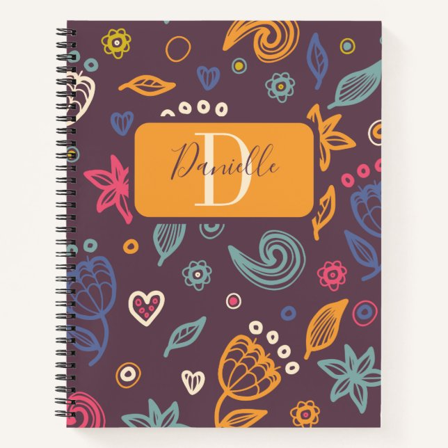 Botanical Foliage Illustration Monogram Name Notebook (Front)