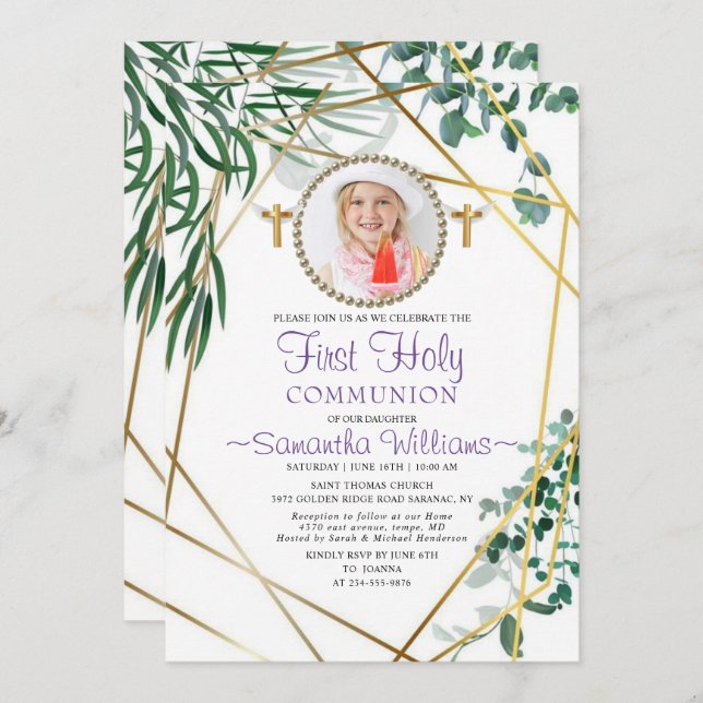 Botanical Foliage Photo First Communion Invitation (Front/Back)