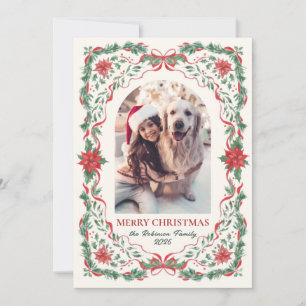 Botanical Foliage Red Bow Arch Photo Christmas Holiday Card