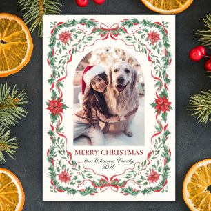 Botanical Foliage Red Bow Arch Photo Christmas Holiday Card