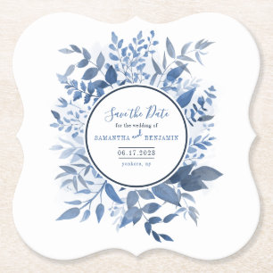 Botanical Foliage Script Navy Blue Save the Date Paper Coaster