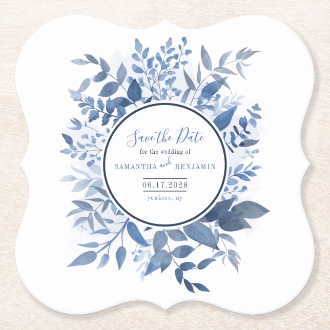 Botanical Foliage Script Navy Blue Save the Date Paper Coaster (Front)
