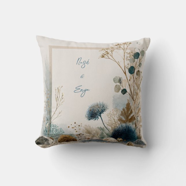 Botanical Folk Art Blue & Earth Wedding Cushion (Front)
