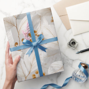 Botanical Forest Leaf White Floral Pattern Wrapping Paper