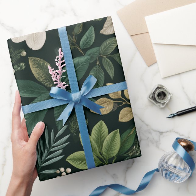 Botanical Forest Leaf White Floral Pattern Wrapping Paper (Gifting)