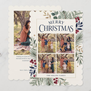 Botanical Four Photo Merry Christmas Card