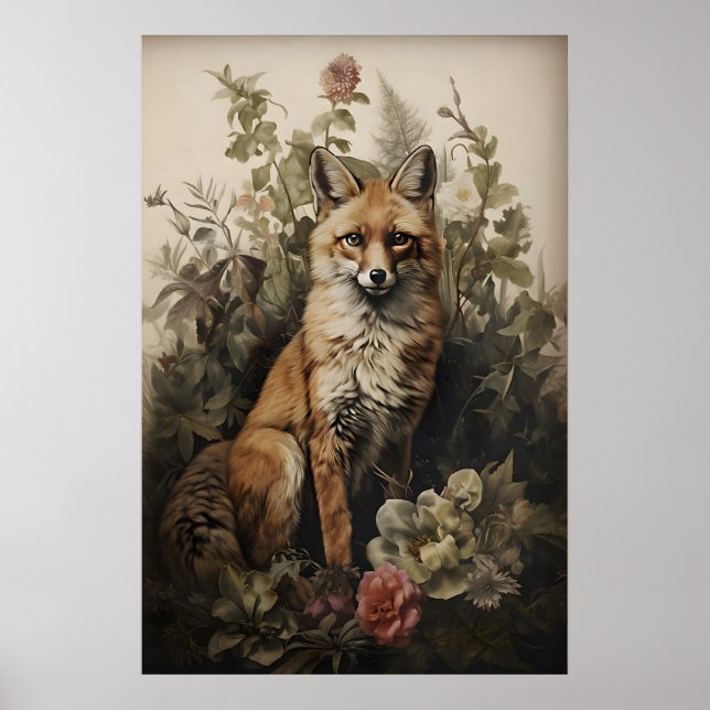 Botanical Fox Print, Dark Academia Forest Poster (Front)