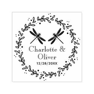 Botanical Frame 2 Dragonflies Couple Names Date Self-inking Stamp
