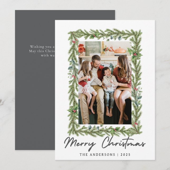 Botanical Frame Christmas | Elegant Family 1 Photo Holiday Card (Front/Back)