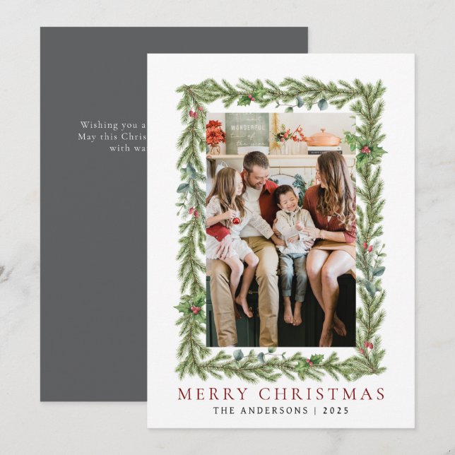 Botanical Frame Christmas | Elegant Family 1 Photo Holiday Card (Front/Back)